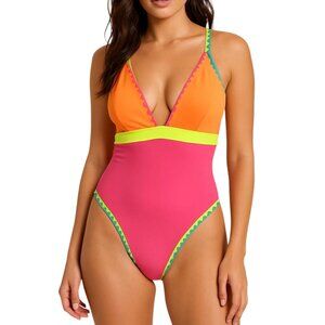 Popvil Women's Neon Color Block Plunge Tie Back One Piece Swimsuit Size L NWT